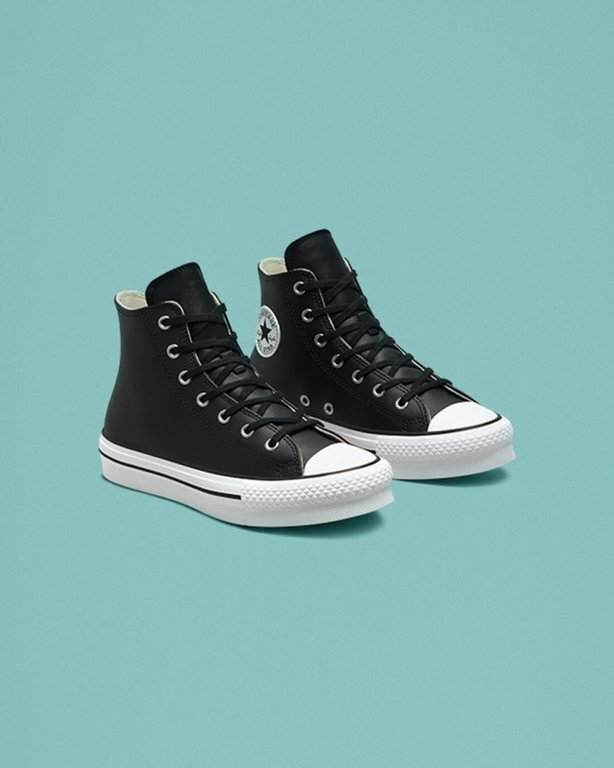 Topanky Na Platforme Converse Chuck Taylor All Star Lift Kozene Vysoke Chlapcenske Čierne Béžové Biele | SK L5AFD0